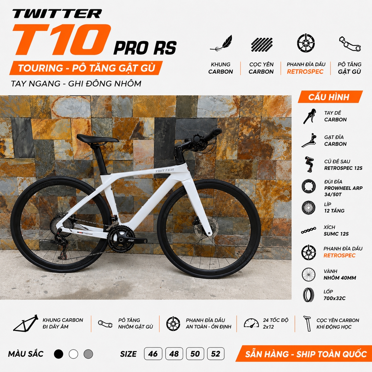 XE ĐẠP TOURING CARBON TWITTER T10 PRO RS – PÔ TĂNG GẬT GÙ | TAY NGANG | RETROSPEC 2x12 | KHUNG CARBON