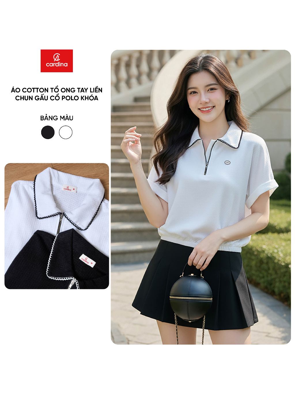 Áo polo nữ CARDINA chất cotton tổ ong tay liền chun gấᴜ cổ khóa 6APC01