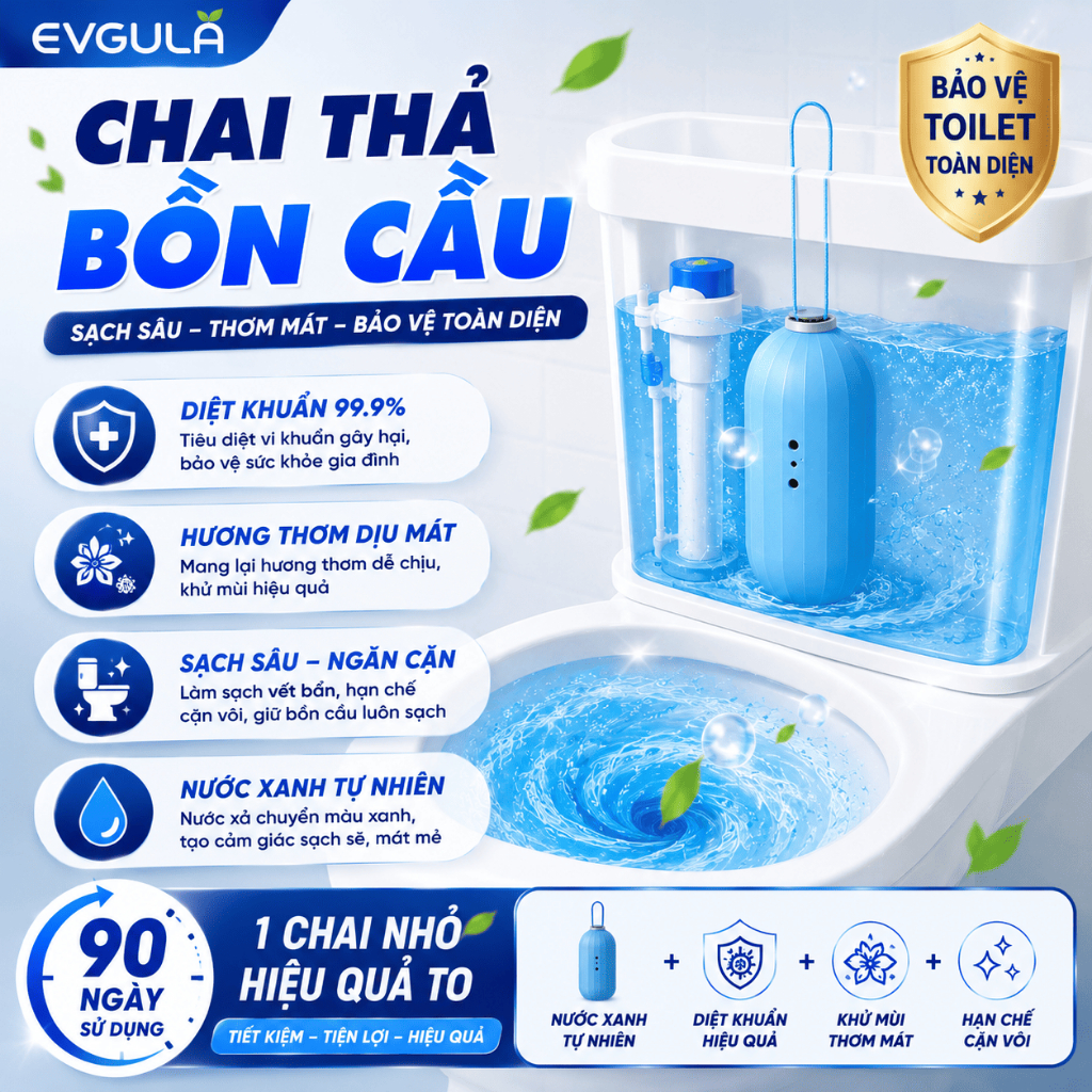 Viên Tẩy Bồn Cầu EVGULA Dạng Treo 250g – Không Cần Chạm Tay, Khử Mùi Diệt Khuẩn, Dùng Lâu 3 Tháng