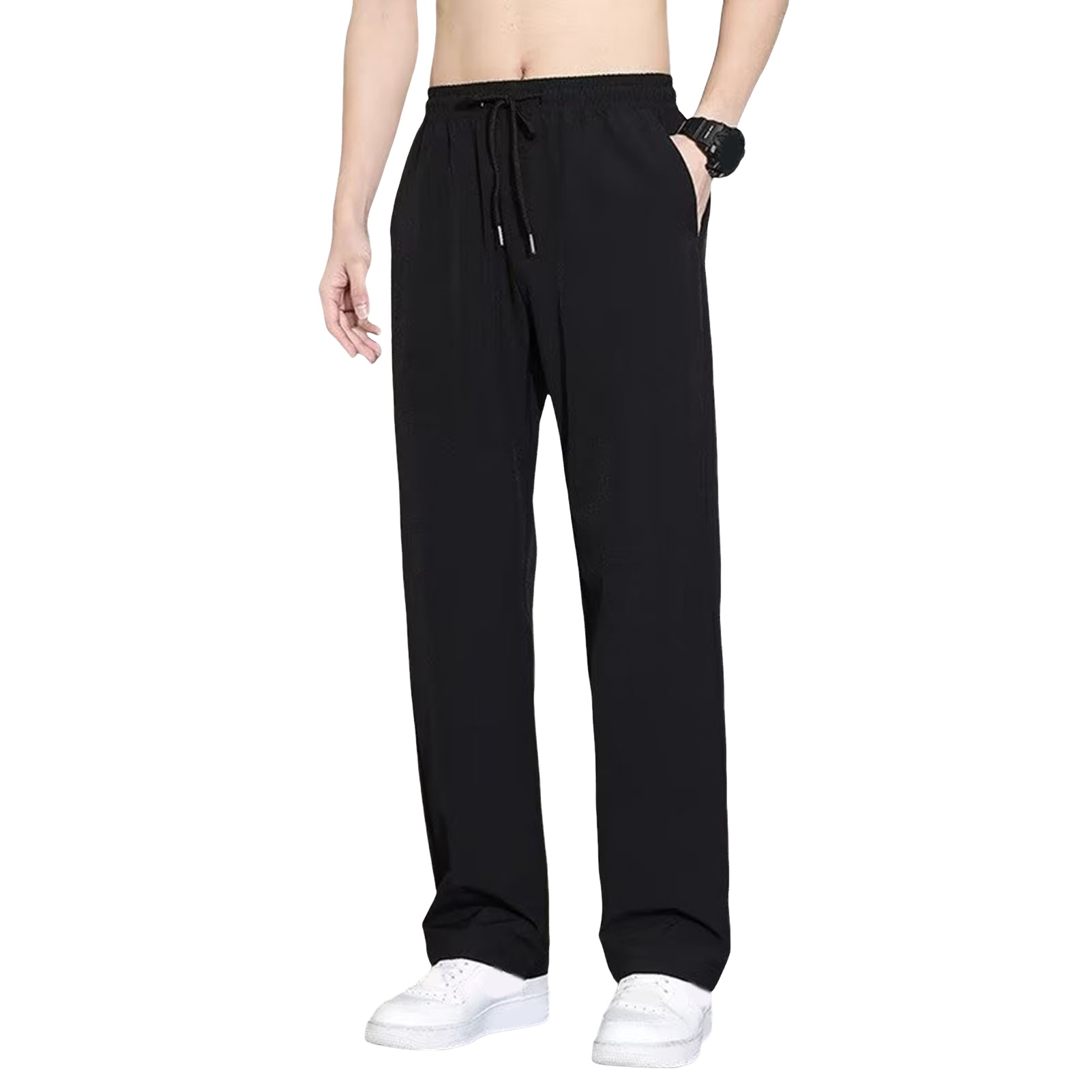 UHH Reinforced Pocket Seams Pants Men Casual Trousers Men's Ice Silk Quick-dry Jogger Pants Elastic Waist Drawstring Straight Fit Gym Training Sweatpants with Side Pockets – Lightweight for Summer