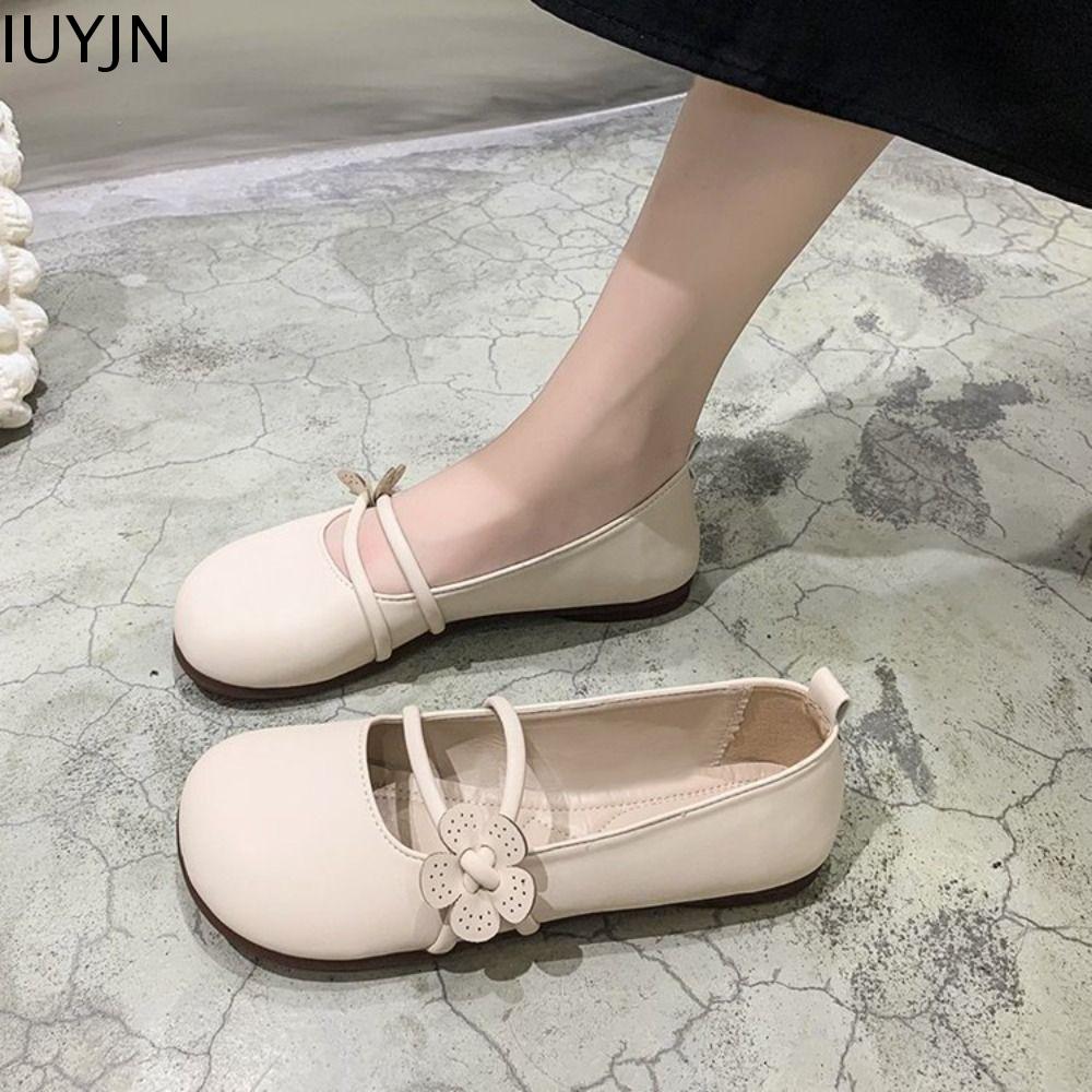 IUYJN Bông hoa Giày Mary Jane Da PU Giày gót thấp Giày bệt Ballerina tiếng Hàn Phong cách Anh Pháp Giày bệt mũi tròn Phụ nữ