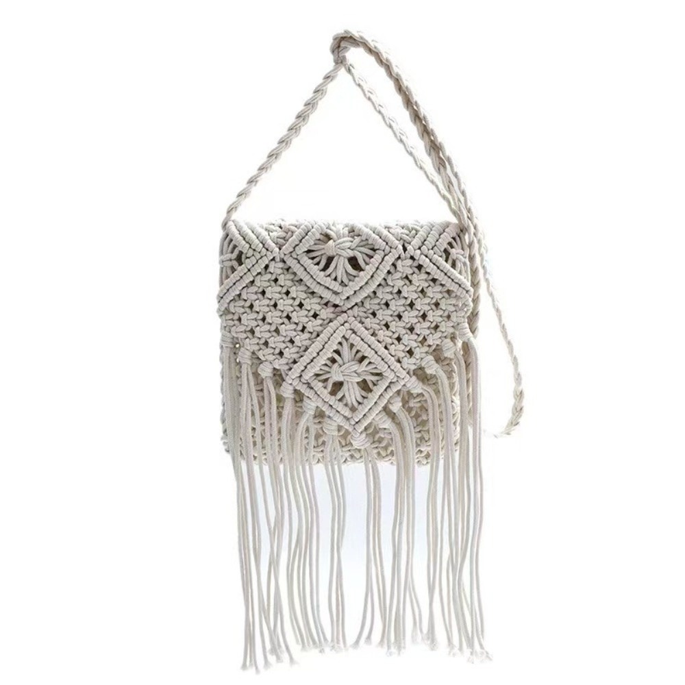VB45D Màu đơn sắc Túi cói dệt Phong cách Bohemian Phong cách dân tộc Túi đeo vai có tua rua Đơn giản Ví đựng tiền xu Túi đeo chéo nữ Phụ nữ - 2
