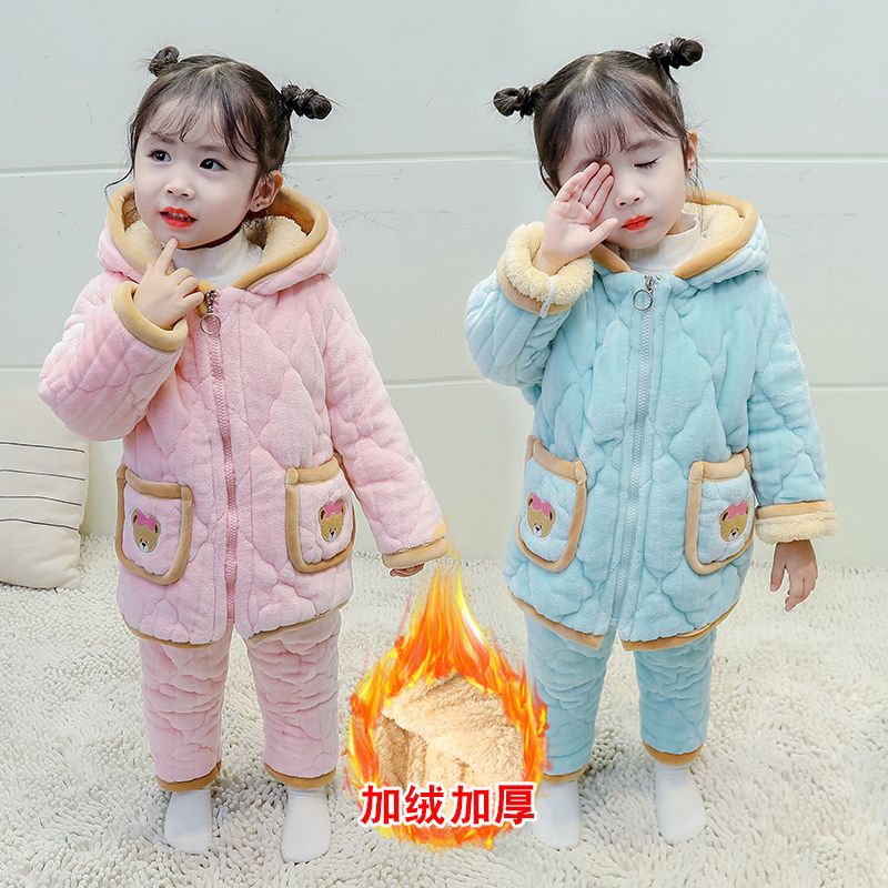 Bộ Đồ Ngủ Trẻ Em Bộ Đồ Mặc Nhà Bé Gái Mùa Đông Dày Dặn Bộ Đồ Ngủ Chần Bông Ba Lớp Cho Bé Gái Lót Nhung Giữ Ấm