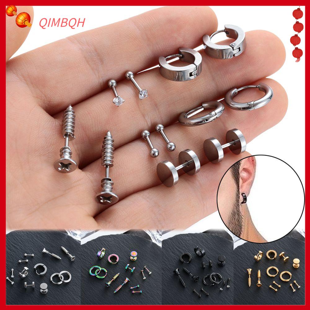 QIMBQH 6 Pairs/set Trang sức Gothic Đồ trang sức xuyên thấu trên cơ thể Thép không gỉ Xỏ lỗ Bộ bông tai Quả tạ đen Vòng khuyên tai Hoa tai Tragus