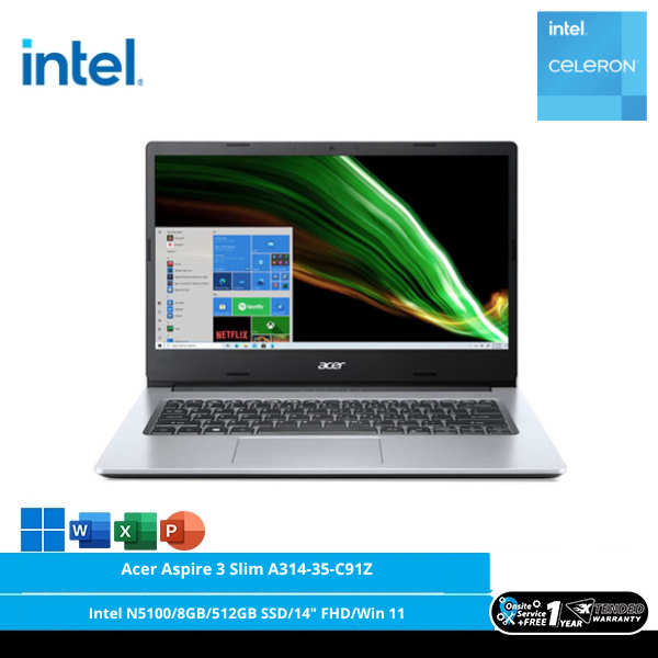 	 Acer Aspire 3 Slim A314-35-C91Z [Intel Core N5100/8GB/512GB SSD/14″ FHD/Win 11 Home+OHS 2021/Pure Silver]	