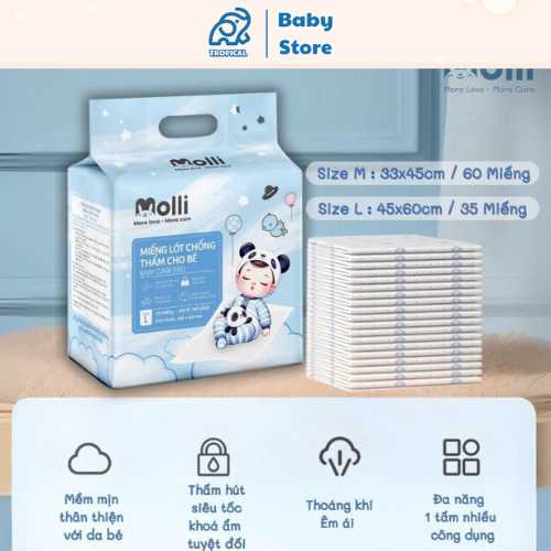 Tấm Lót Chống Thấm Dùng Một Lần Molli Cho Bé ( Size M 60 miếng , Size L 35 miếng