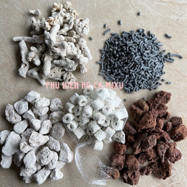 100g Vật Liệu Lọc Hồ Cá cơ bản: Than Hoạt Tính - Sứ Trắng - San Hô - Nham Thạch - Đá lông vũ
