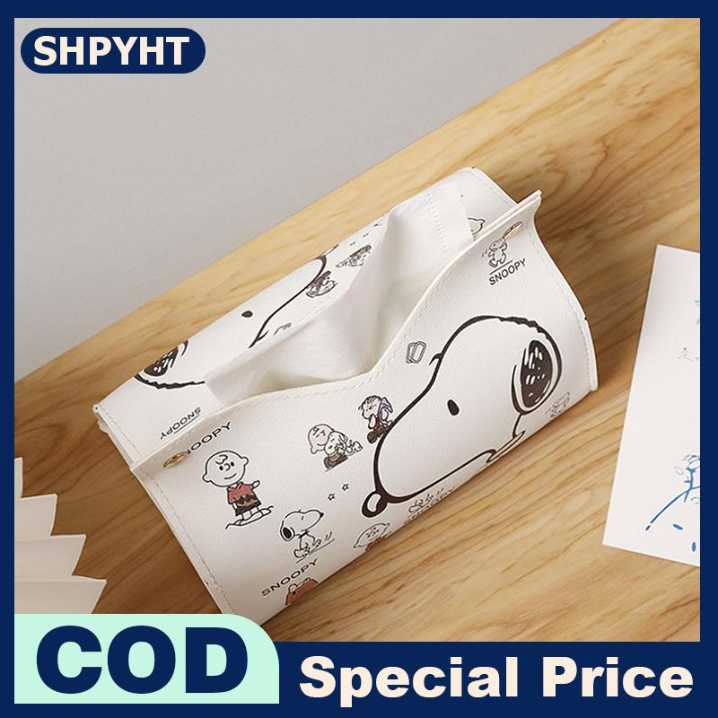SHPYHT Snoopys Tissue Boxes Waterproof Leather Napkin Holder Portable Foldable Car Tissue Box Bathroom Decoration Kitchen Accessories