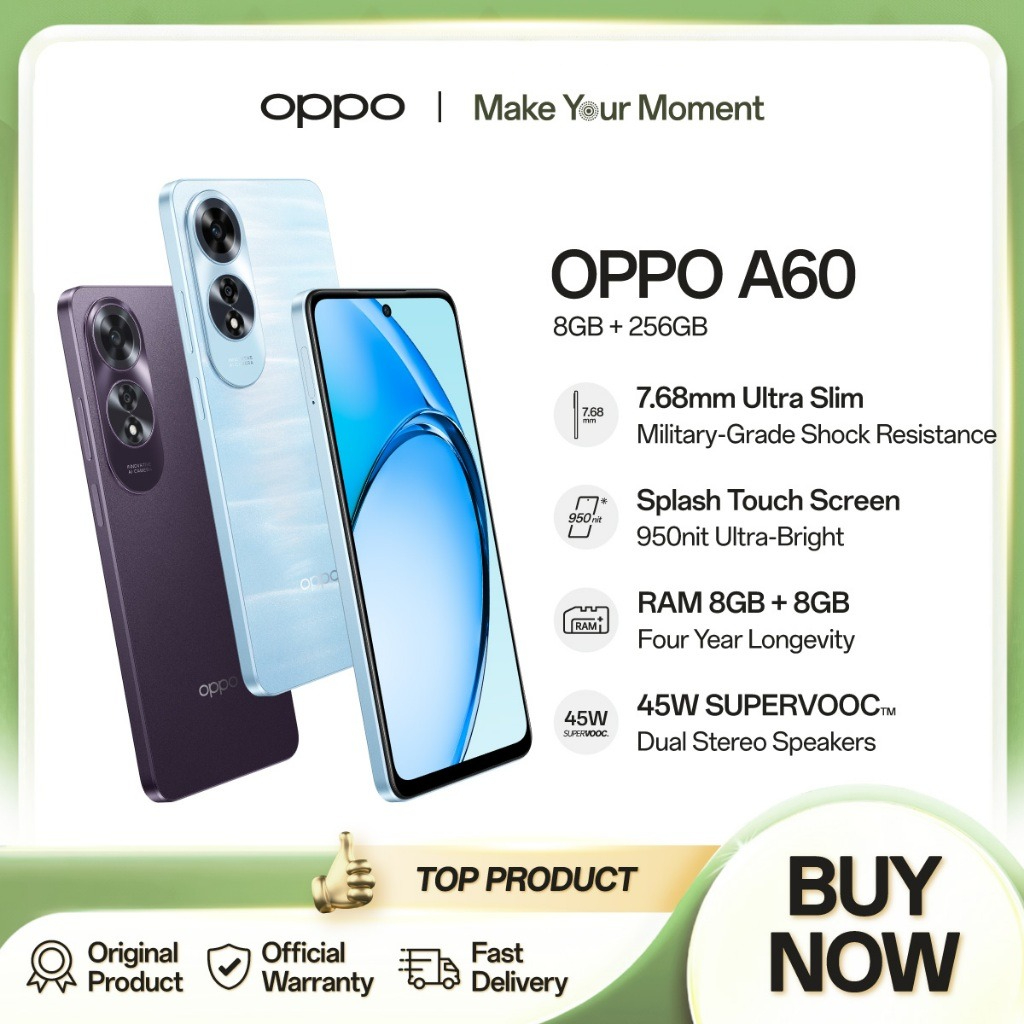 OPPO A60 [8GB+8GB/256GB] - Military-Grade Shock Resistance, Snapdragon 680, 45W SUPERVOOC, Dual Stereo Speakers Harga  2,999,000 Ringgit*Penghantaran Percuma