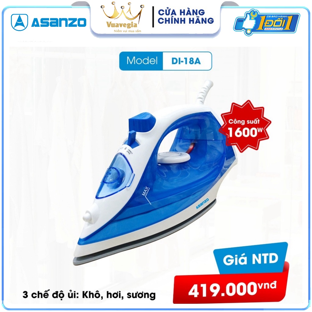 Bàn ủi hơi nước mặt đế Ceremic cao cấp Asanzo DI -18A - Hàng Chính Hãng Bảo Hành 12 Tháng
