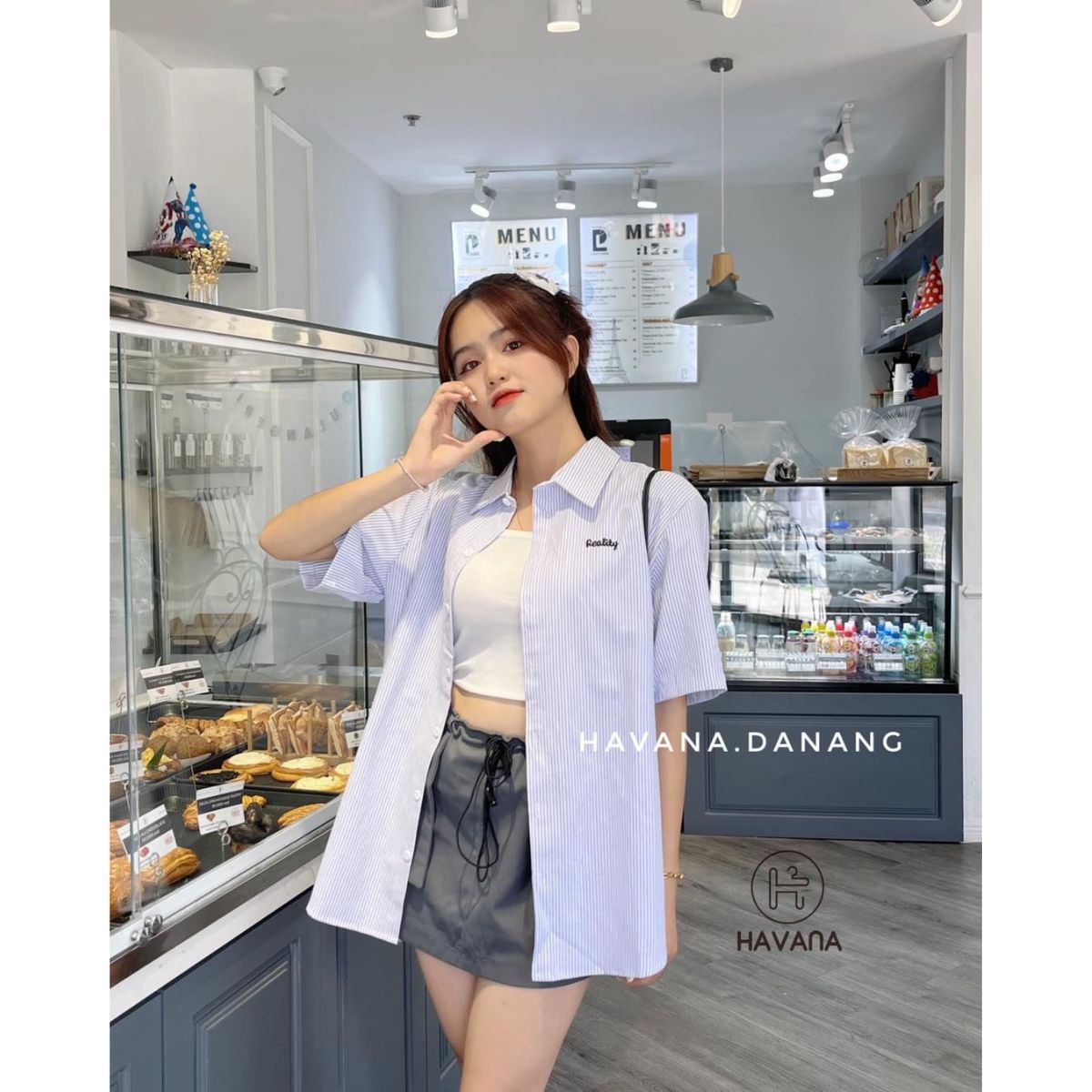 Áo Sơ Mi Nữ Ngắn Tay Sơ Mi Kẻ Sọc Dáng Dài Áo Khoác Ngoài Mùa Hè Dễ Thương Tone Pastel Cakecat
