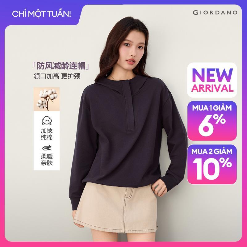 GIORDANO Women Hoodies Concealed Half Zip Placket Hoodies 100% Cotton Relaxed Fit Fashionable Casual Hoodies 13326635