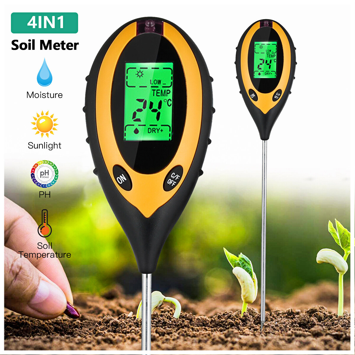  4 Trong 1 Kỹ Thuật Số Máy Đo Độ Ẩm Đất PH Meter Nhiệt Độ Độ Ánh Sáng Mặt Trời Tester Dụng Cụ Làm Vườn Cho Nhà Máy 