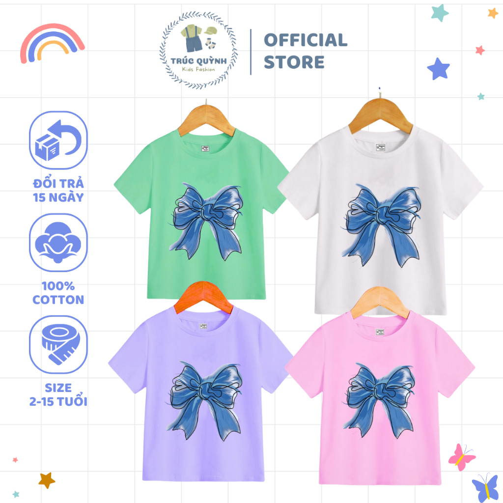 Áo thun nữ Trúc Quỳnh Kids cổ tròn size 12-52kg cho bé hoạ tiết nơ dễ thương chất liệu cotton mềm mịn - MSP60
