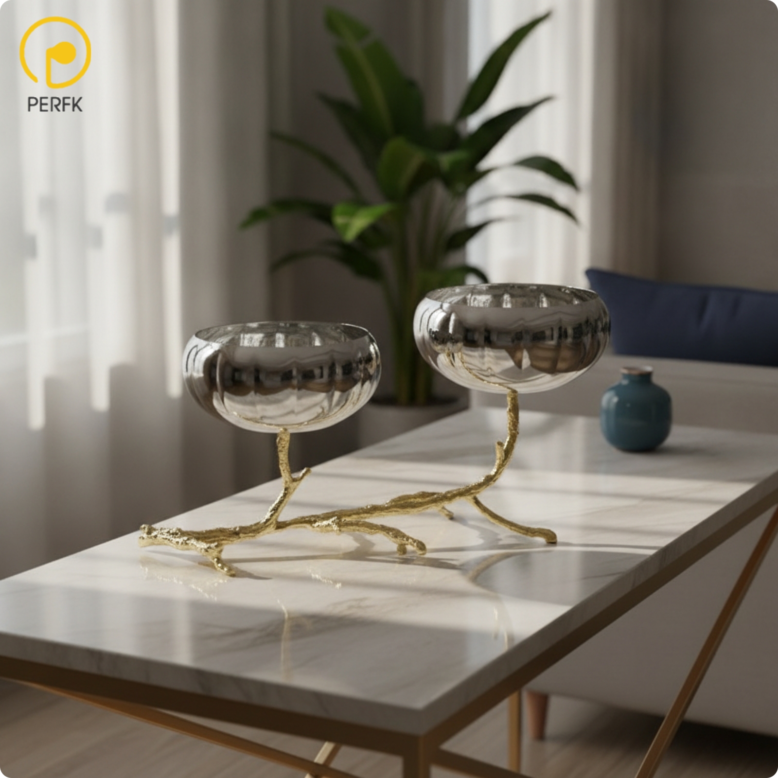 Perfk Shiny Bowl with Branch Base Sculptural Decorative Bowl Reflective Centerpiece Stable for Living Room ราคา 13,391 บาท*ส่งฟรี