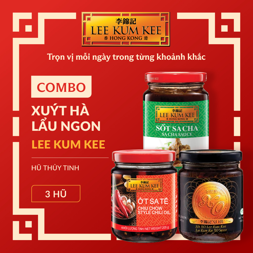 [Đơn 150K Tặng Gói Sốt] Combo Xuýt hà Lẩu ngon LEE KUM KEE gồm 01 Hũ Ớt sa tế Triều Châu 205 gram, 01 Hũ Sốt Sacha 330 gram & 01 Hũ Sốt XO thượng hạng 220 gram