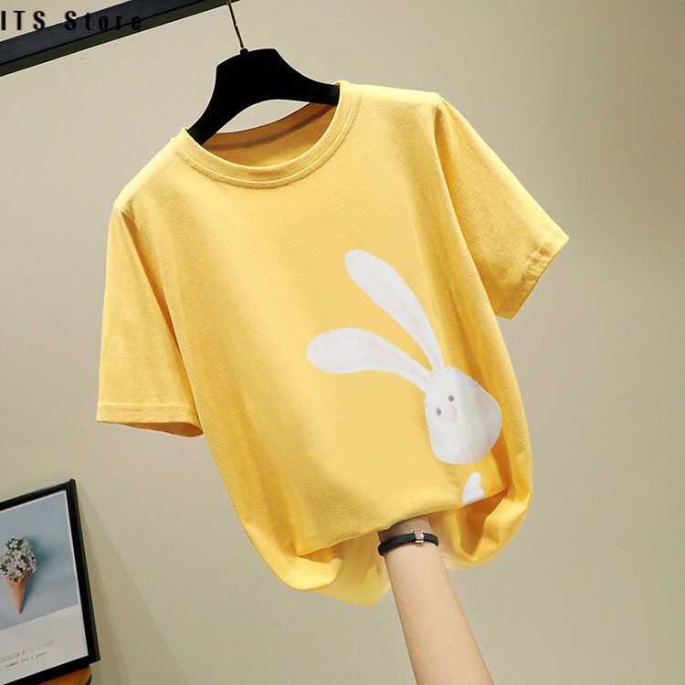 ITS Store Women Cotton Cartoon Rabbit Print Loose O-Neck T-Shirt Tops Summer Casual Wear