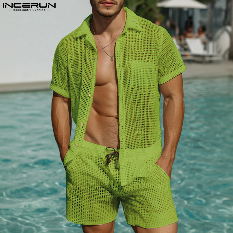 Incerun Phù Hợp Với Cho Nam Giới Kỳ Nghỉ Bãi Biển chạm khoét khâu lưới áo sơ mi ngắn tay Quần Short phong cách phương Tây Hai-Mảnh Bộ #0804