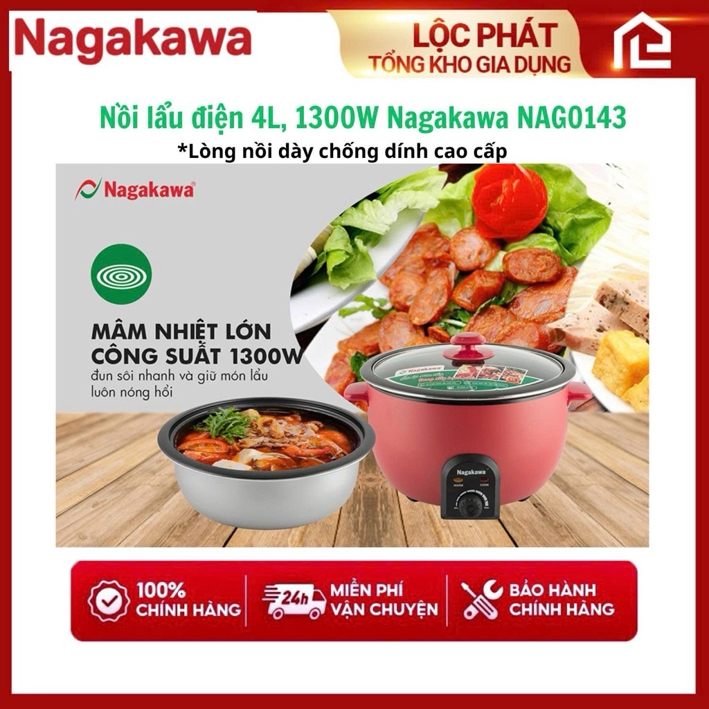 Lẩu điện Nagakawa NAG1902 (4 Lít - 1300W) - Hàng chính hãng - Bảo hành 12 tháng