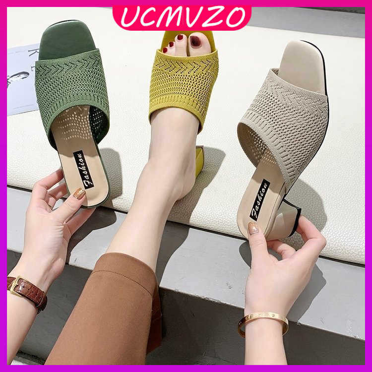 UCMVZO Mid-heel Sandals Women's Flying Knit Outer Wear One-word Fashion Women's ราคา 576 บาท*ส่งฟรี