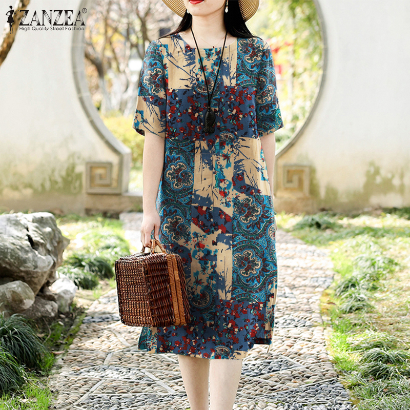 Momonaco ZANZEA Đầm nữ cổ điển in hoa Đầm xẻ giản dị Loose Cotton Linen sundress #7