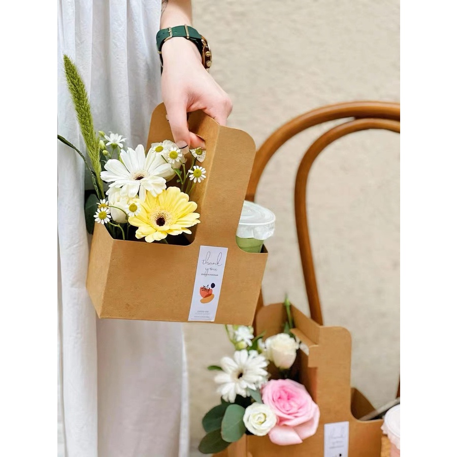 Túi kraft 2 ngăn đựng hoa, nước uống, túi giấy đựng trà sữa và hoa. Túi Take away