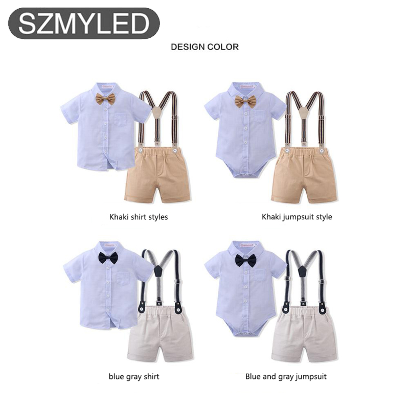 2 Pcs Little Boys Cotton Shorts Set Pockets Overalls Shorts Lapel Neck Short Sleeve T-shirt Or Bodysuit Outfit