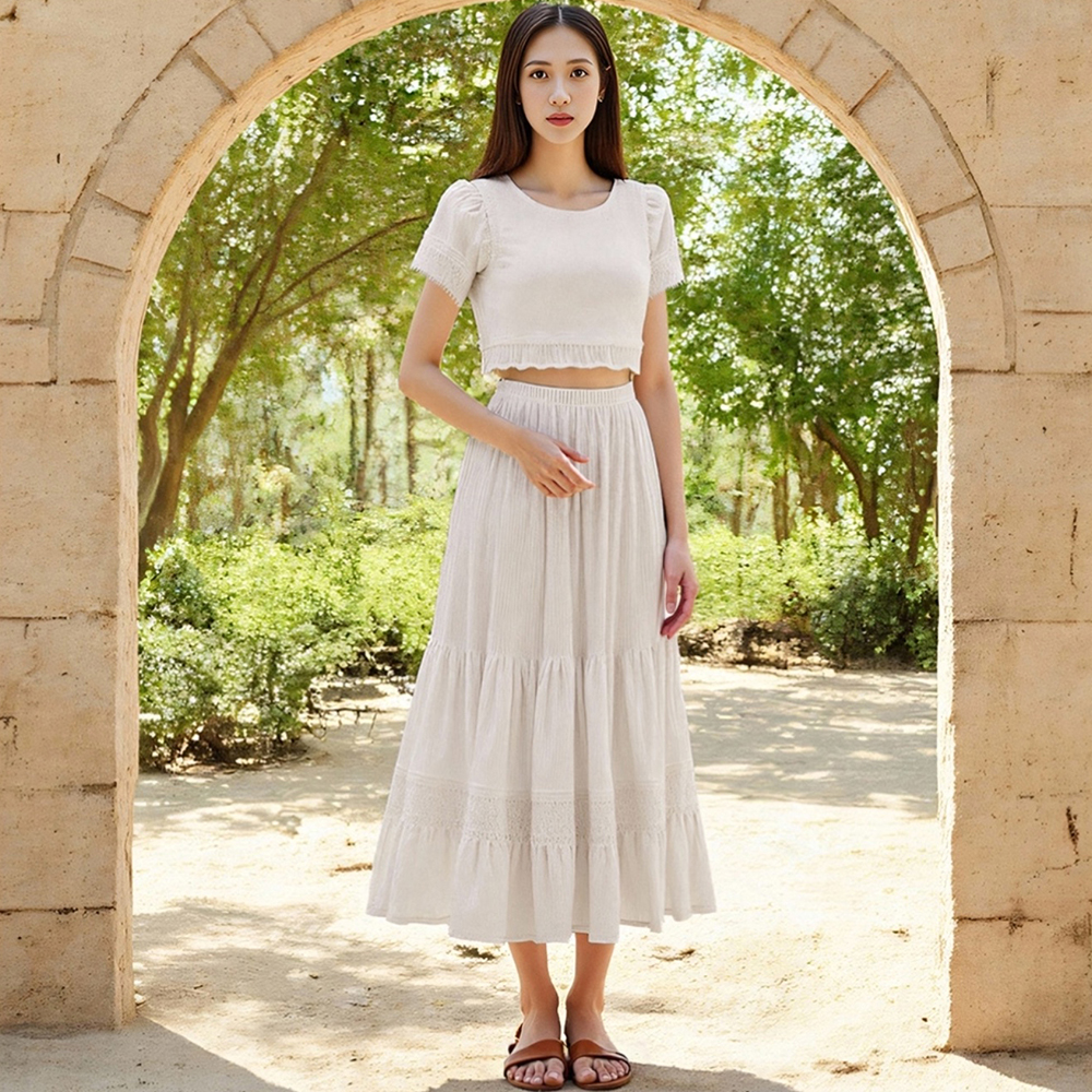 BRANCHÉ ชุดสำหรับผู้หญิงแฟชั่นฤดูร้อนทุกวันพื้นฐานที่เรียบง่ายรอบคอแขนสั้นตัดด้านบนเอวธรรมชาติ Midi สะบัด A-Line กระโปรงชุดลำลอง B250325 ราคา 635 บาท*ส่งฟรี