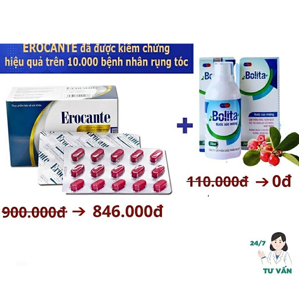 (TẶNG MIỄN PHÍ) Combo Kích Thích Mọc Tóc Erocante tặng Nước Súc Miệng Họng Bolita