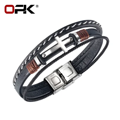 OPK European American fashion Men Leather bracelets Men Stainless steel braided Leather bracelet simple and versatile multi-layer bracelet