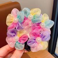 THANKSKY Pony tail for kids girl Pearl Flower Hair Net Mesh Rainbow Children Bun Net Invisible Scrunchies Ballet Bun Snood Ballet Dance