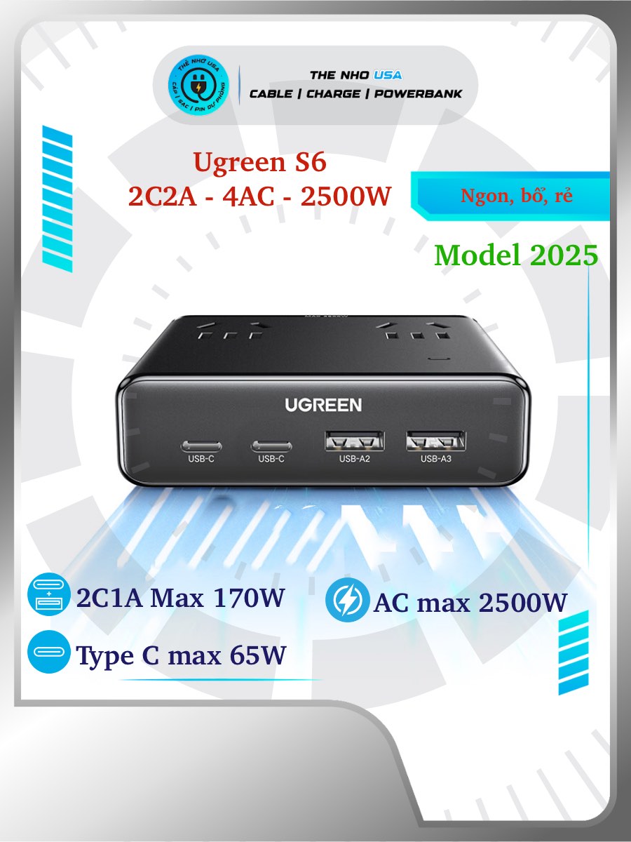 Trạm sạc nhanh Ugreen S6 65W 2C2A 4AC 2500W Max PD PPS QC