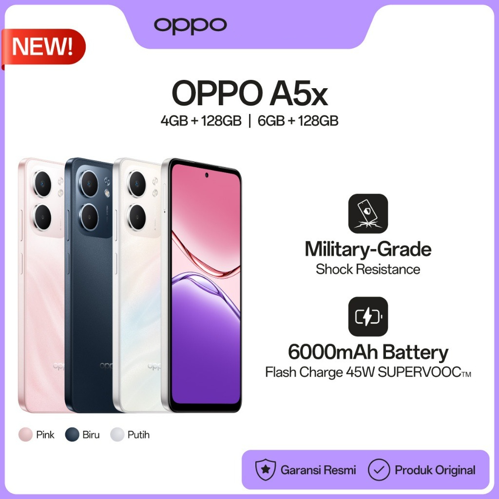 OPPO A5x [4/128GB] [6/128GB] - Military-Grade Shock Resistance, IP65 Water Resistant, 6000mAh Large Battery, 45W SUPERVOOC Flash Charge Giá 2,199,000 Đồng*Miễn phí vận chuyển