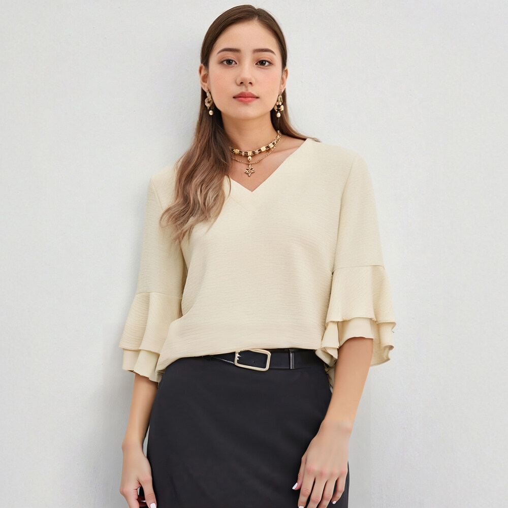 BRANCHÉ เสื้อสำหรับผู้หญิงฤดูร้อนที่ดีธรรมดาพัฟแขนคอวีปกติพอดีสำนักงานเลดี้เสื้อ B250306 ราคา 135 บาท*ส่งฟรี