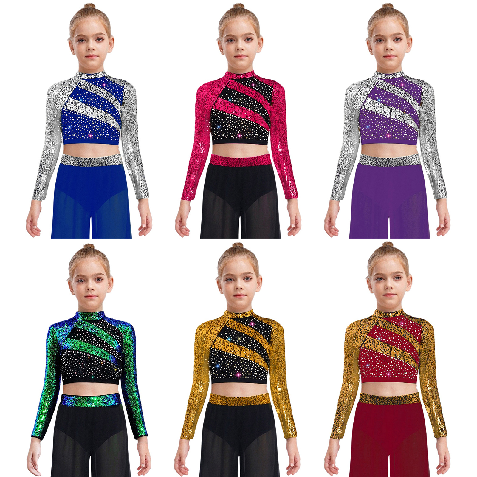 iixpin Kids Girls Dance Tops Long Sleeve Mock Neck Sequin Rhinestones Decorated Cutout Back Press Button Crop Top for Stage Performance
