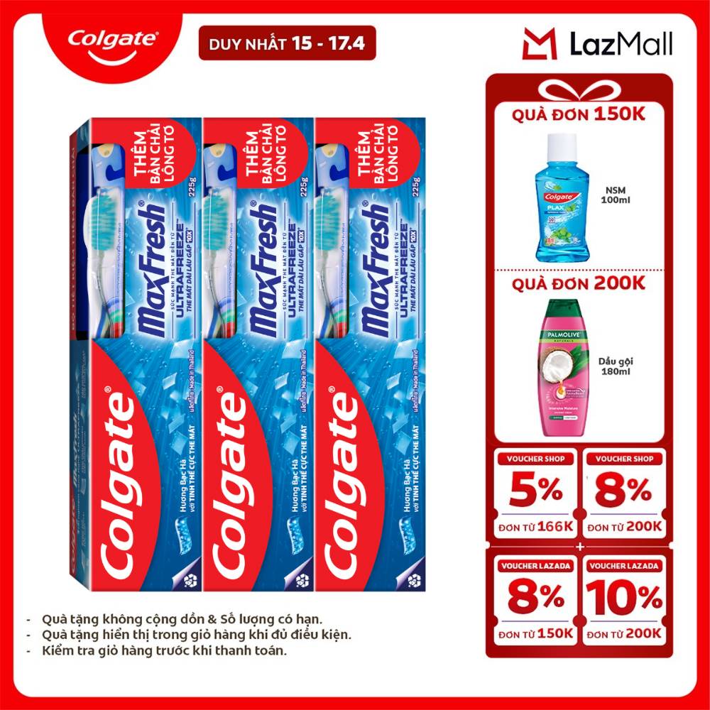[Chỉ 15-17.4_X2 Voucher giảm đến 18%] [Tặng bàn chải đánh răng lông mềm] Bộ 3 Kem đánh răng Colgate MaxFresh 225g /tuýp tặng bàn chải đánh răng lông mềm