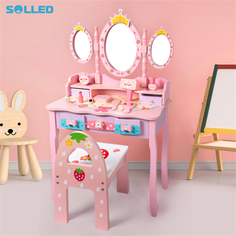Kids Vanity Set With Mirror, Pretend Play Makeup Table And Chair Set With Makeup Accessories & Hair Dryer, Wooden Princess Vanity Toys For Girls Gifts ราคา 10,282 บาท*ส่งฟรี