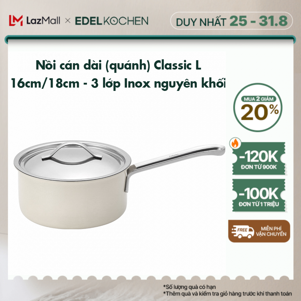 Nồi inox cán dài, quánh 3 lớp nguyên khối Edelkochen Classic L Collection size 16/18cm – Màu Mid Ivory