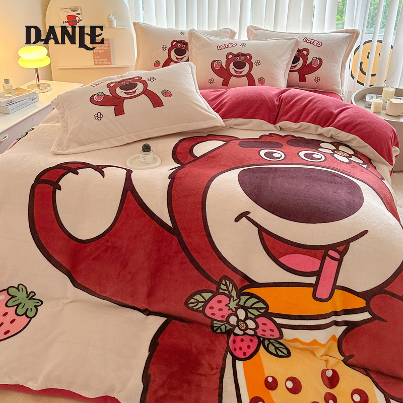 Cartoon strawberry bear milk velvet four-piece set thickened coral velvet bedding flannel quilt cover sheets in winter. ราคา 1,577 บาท*ส่งฟรี