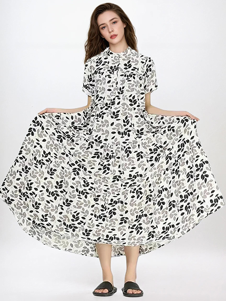 Print Pullover Dress Casual Short Sleeve Loose Fitting All Match Stand Collar A-line Elegant Women Dress LDD1041