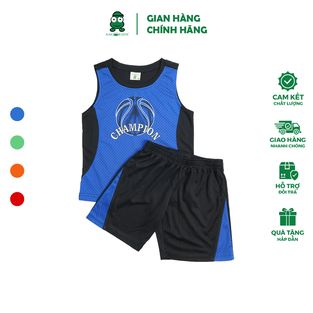 Bộ quần áo bé trai sag kids thun thể thao phối sườn in hình bóng rổ mạnh mẽ - 4 màu - sago kids