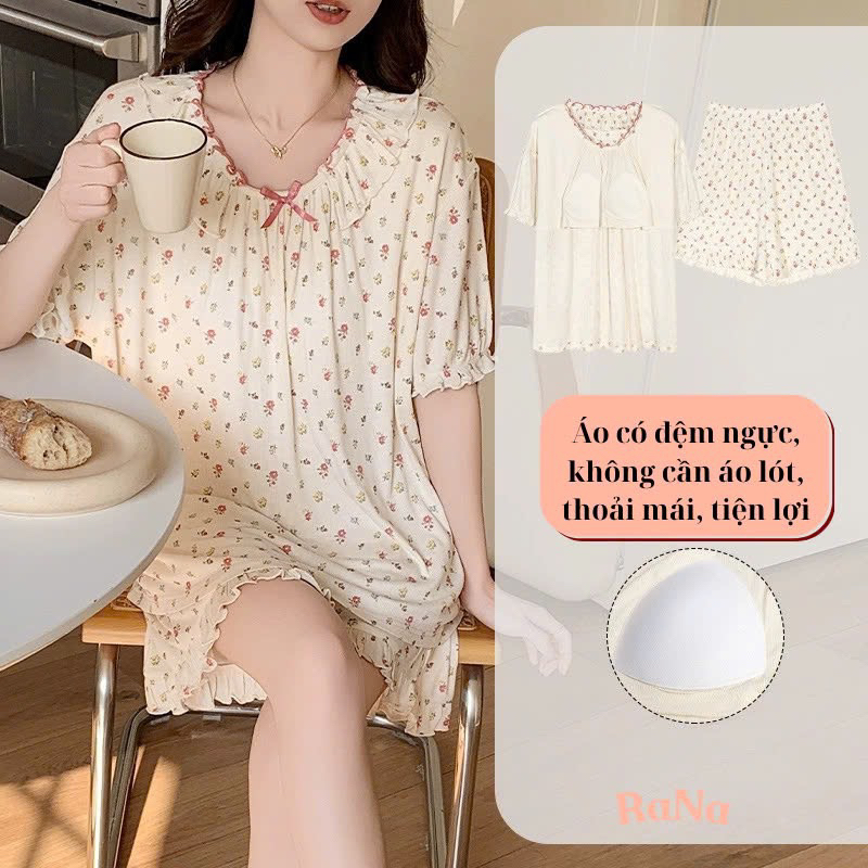 Bộ quần đùi áo tay lỡ cổ tròn cho nữ mặc mùa hè áo có sẵn đệm ngực RaNa