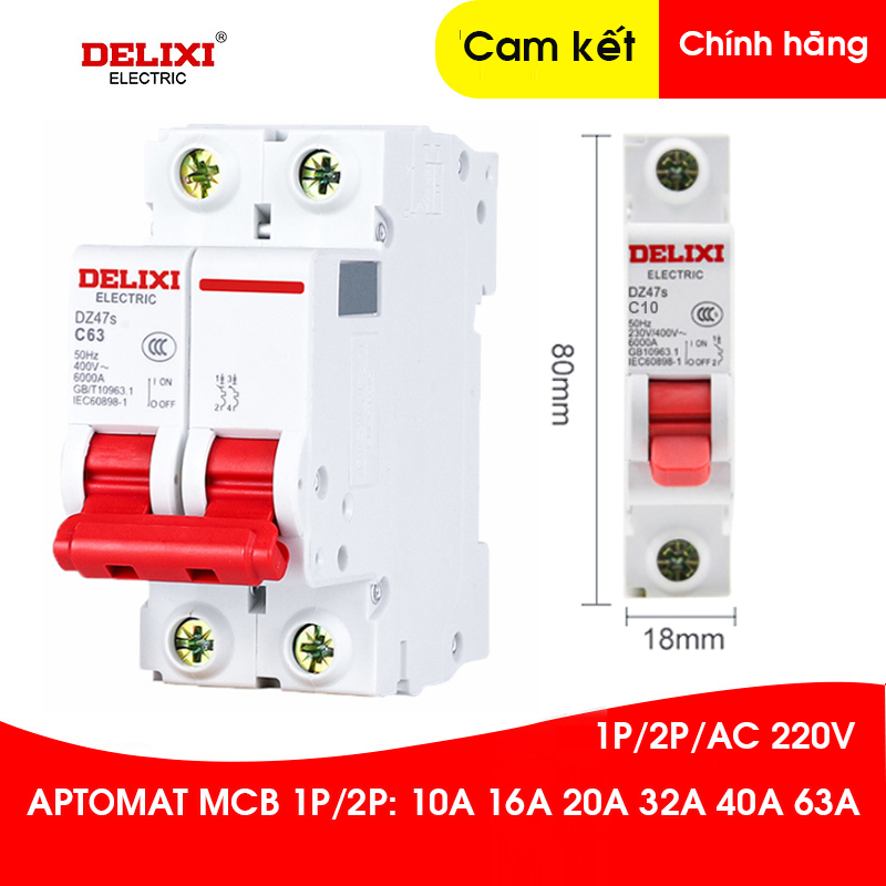 Aptomat 1 1pha 2 pha delixi 10a 16a 20a 25a 32a 40a 63a bảo vệ chống quá tải ngắn mạch, mcb 1 pha 2pha, át tép, cb ac