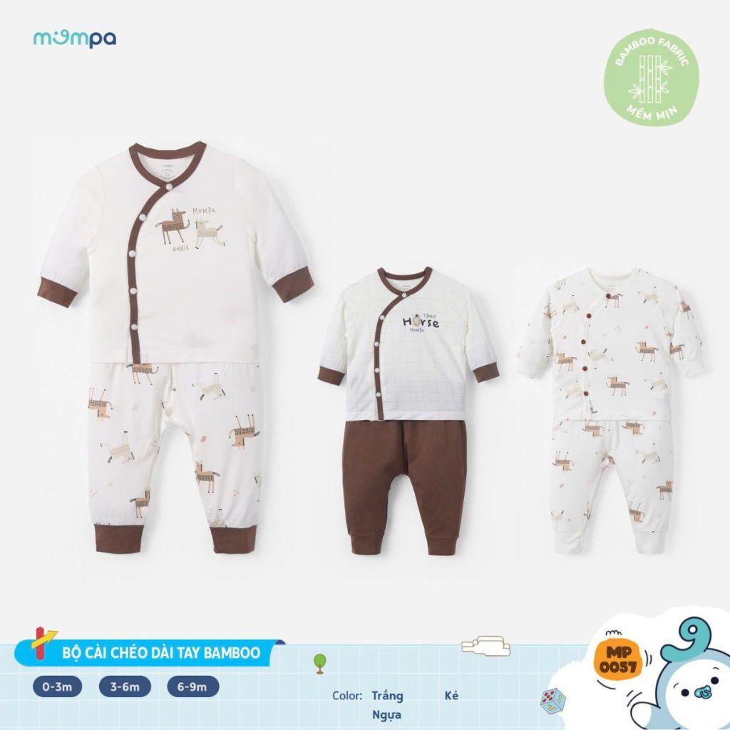 Đồ sơ sinh bé trai bé gái Mompa dài tay 0-9 tháng vải Modal thấm hút cài chéo 0057