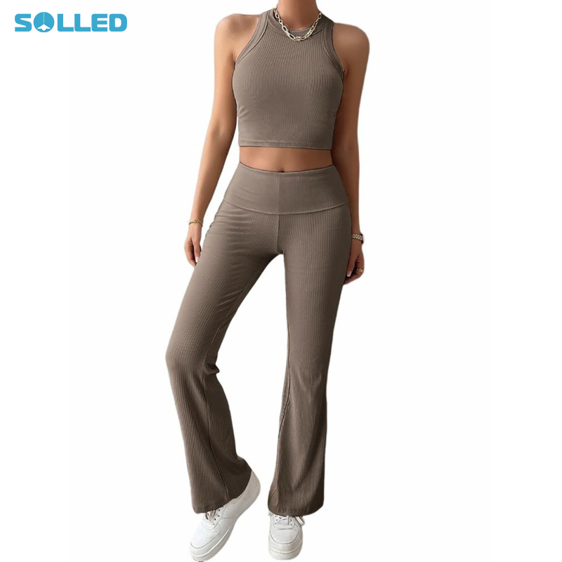 2 Pieces Outfit For Women Wide Leg Pants Tracksuits Round Neck Sleeveless Crop Tank Top Sweatsuits Loose Set