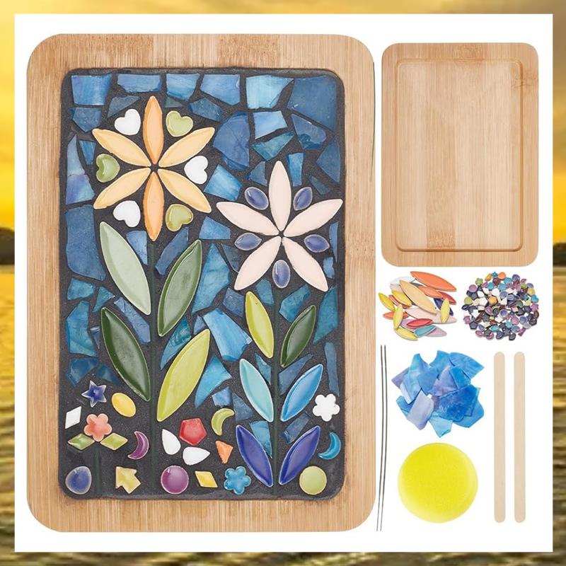 (HIMK) DIY Mosaic Craft Kit Mosaic Bamboo Coasters Kits for Adults Beginner, with Rectangle Coaster Base for Handmade Mosaic