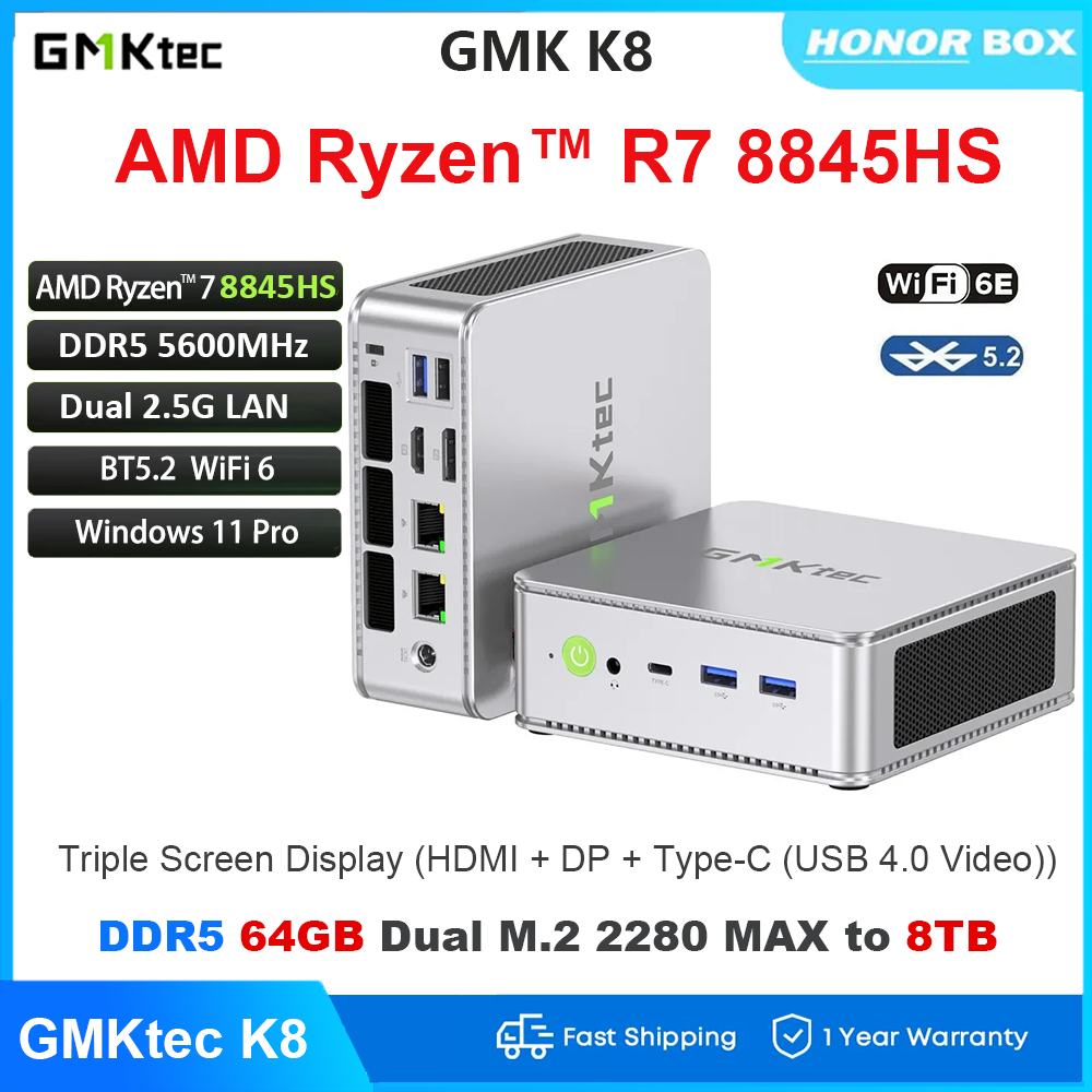GMKtec K8 Mini PC R7 8845HS Windows 11 DDR5 5600Mhz PCIe4.0 Nvme SSD WIFI 6E BT5.2 4K Gaming MINI PC ราคา 16,500 บาท*ส่งฟรี