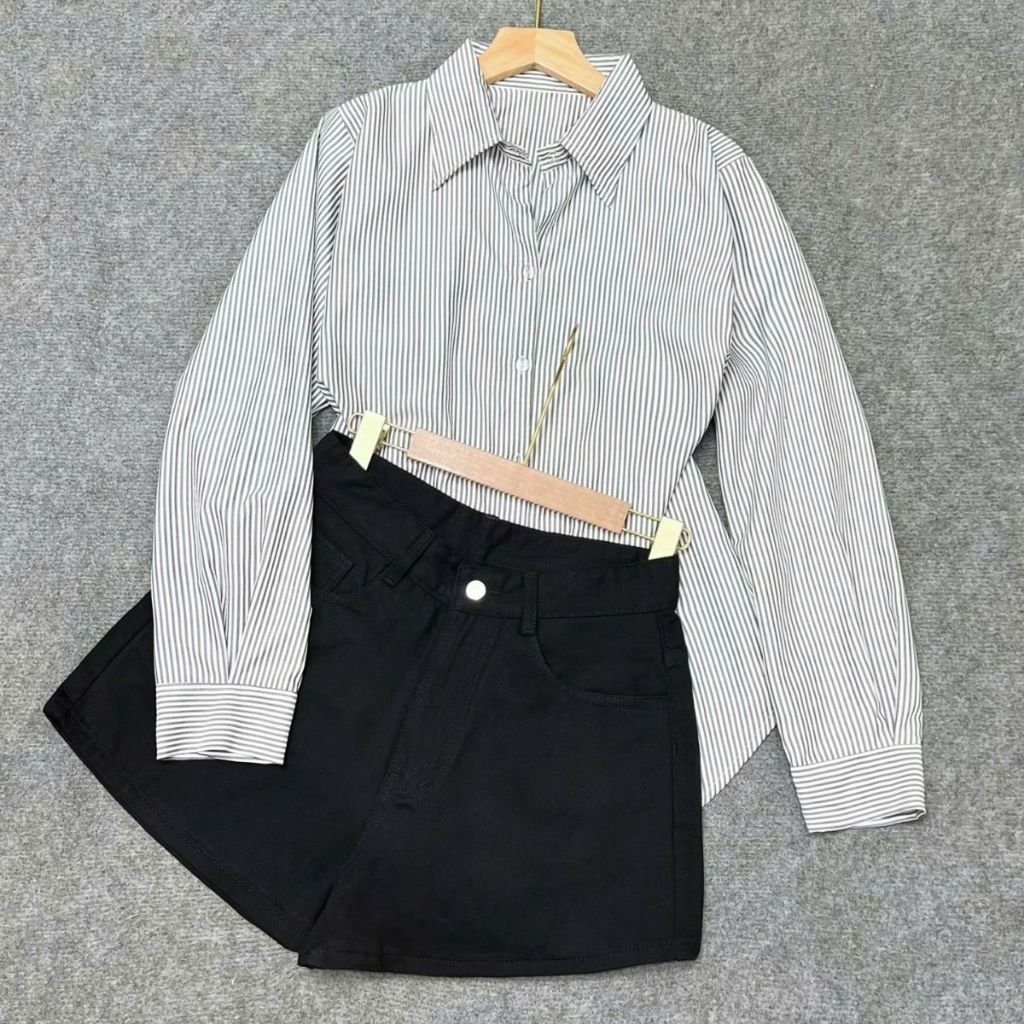 Set đồ Bigsize Nữ áo sơ mi phom rộng dài tay phối quần đùi kaki dáng A tôn dáng năng động trẻ trung 
