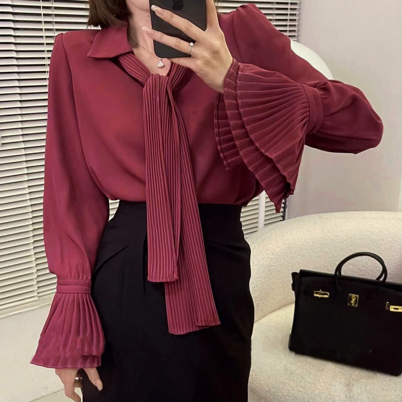 Áo kiểu Hàn Quốc luxqlo Áo cỡ lỡn màu đỏ tía dáng rộng thời trang áo sơ mi văn phòng tay phụ nữ dài OL