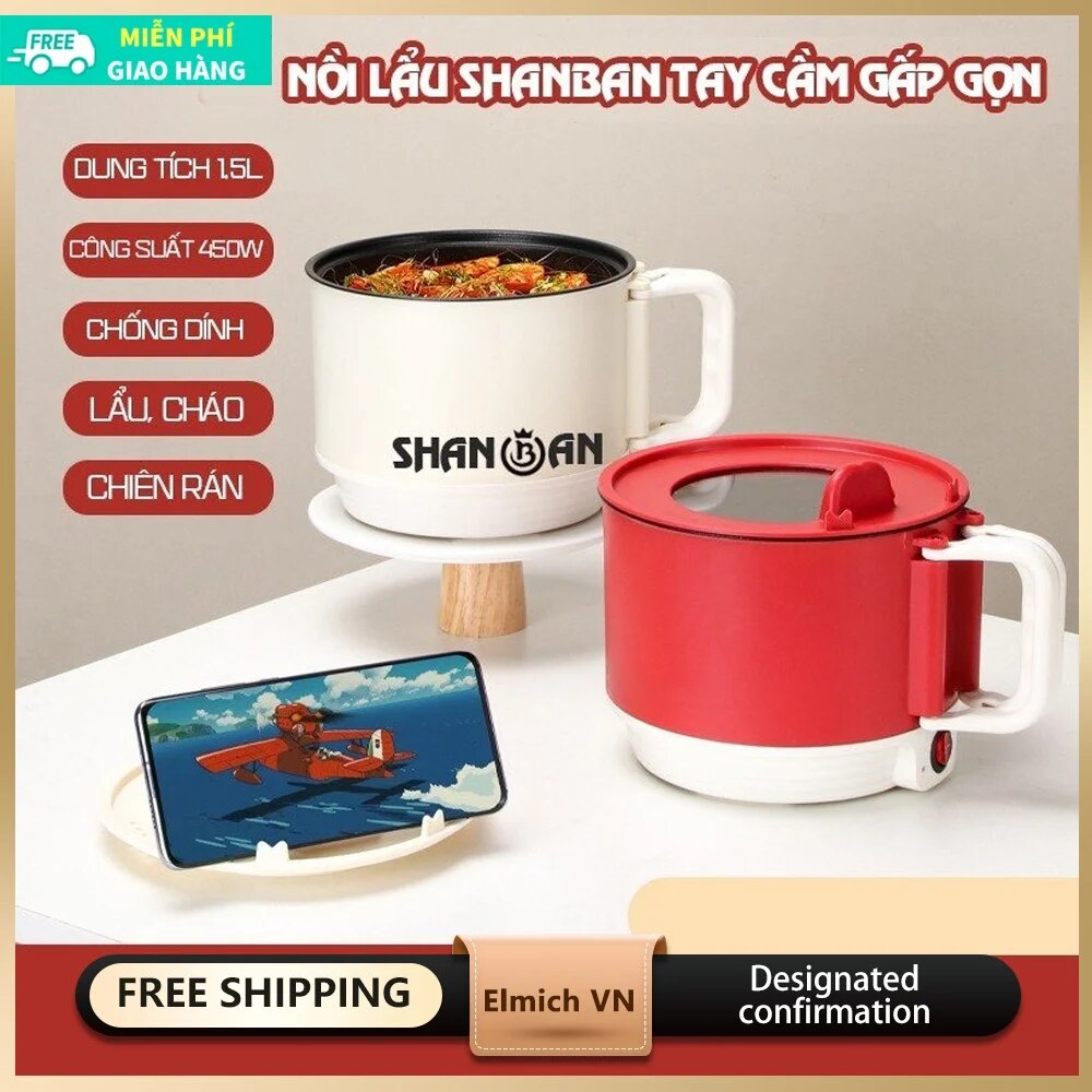 nồi cơm điện nồi hấp điện Nồi lẩu điện mini tay cầm gấp gọn, ca nấu mì dung tích 1.5L công suất 600w, chiên, xào, nấu lẩu đa năng tiện dụng CMSB